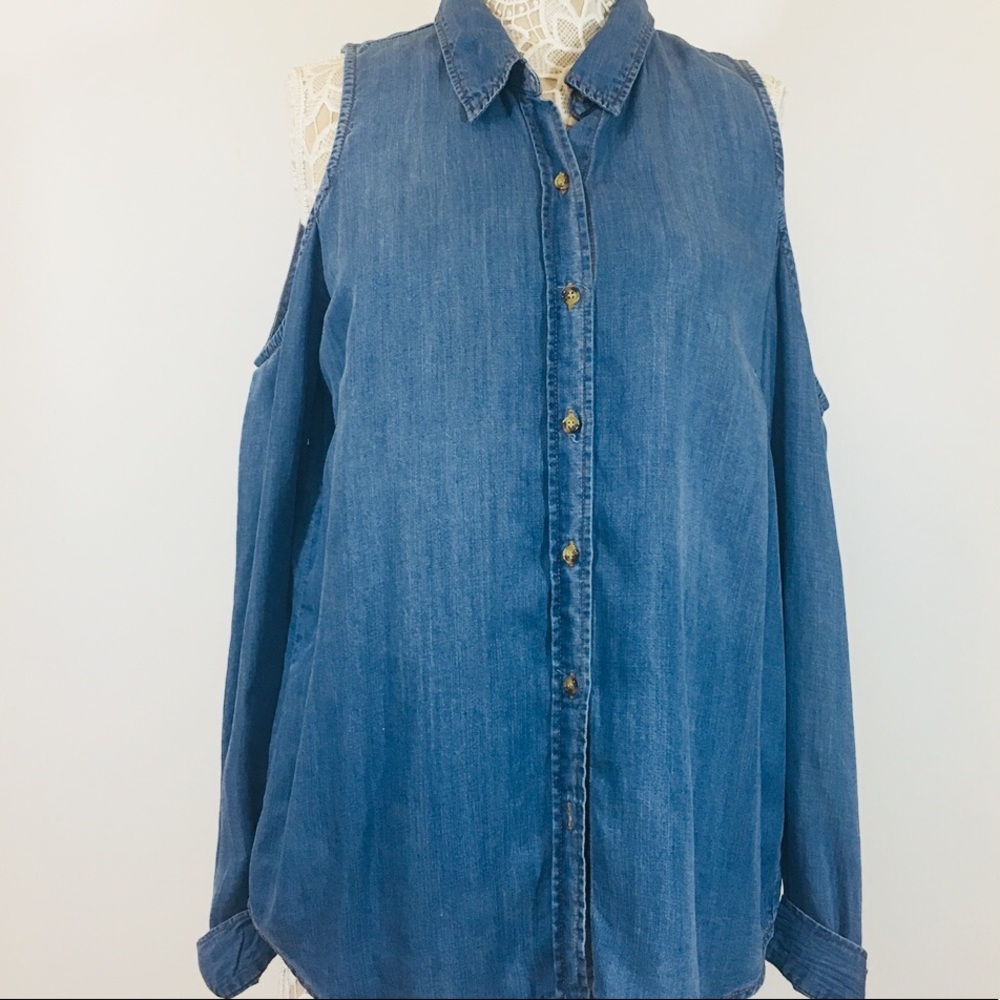Jean Button Down Cold Shoulder Long Sleeve